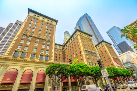 Los Angeles, California, United States - August 9, 2018: modern skyscrapers from Pershing Square, Downtown Los Angeles, Southern California. Sunny day with blue sky.のeditorial素材