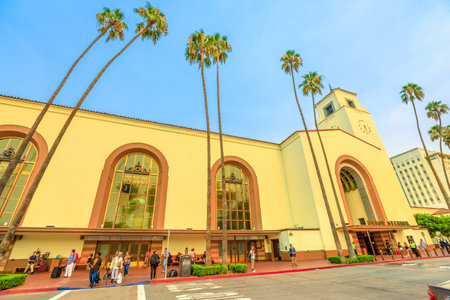 Los Angeles, California, United States - August 9, 2018: Union Station, the main train station in Los Angeles Downtown in El Pueblo de los Angeles State Historic Monument. Sunny day, blue sky.のeditorial素材