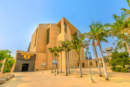 Los Angeles, California, United States - August 9, 2018: Cathedral of Our Lady of the Angels in postmodern design. COLA or Los Angeles Cathedral in LA of Downtown. Sunny blue sky.のeditorial素材