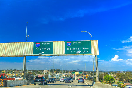 San Diego, California, United States - July 31, 2018: Coronado Bridge highway road sign of North or South Interstate 5. Direction road sign with San Diego Downtown or National Ave. Traffic urban sceneのeditorial素材