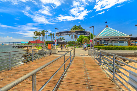 San Diego, California, United States - August 1, 2018: tourist attraction of wooden boardwalk Coronado Ferry Landing leading to Coronado Island coastal beach in San Diego Bay.Travel summer destinationのeditorial素材