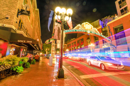San Diego, California, United States - July 31, 2018: Historic Heart of San Diego sign entrance of San Diegos Gaslamp Quarter in Downtown with Victorian architecture.Night scene. Light trails effectのeditorial素材