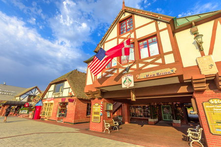 Solvang, California, United States - August 10, 2018: gift shop and traditional Danish architecture of Solvang, famous destination in California. Historic downtown in Santa Ynez Valley.のeditorial素材