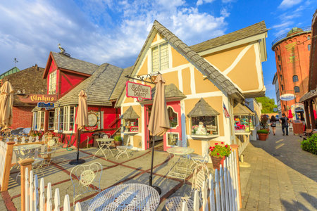 Solvang, California, United States - August 10, 2018: Solvan Bakery at traditional Danish village with sunset light, famous destination in Santa Barbara County. Historic downtown in Santa Ynez Valley.のeditorial素材