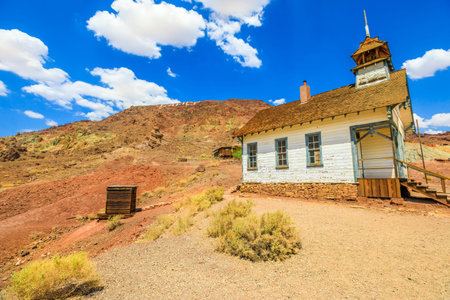 Ancient school house and chapel church in the Calico Mountains of Mojave Desert of Calico old Mining...