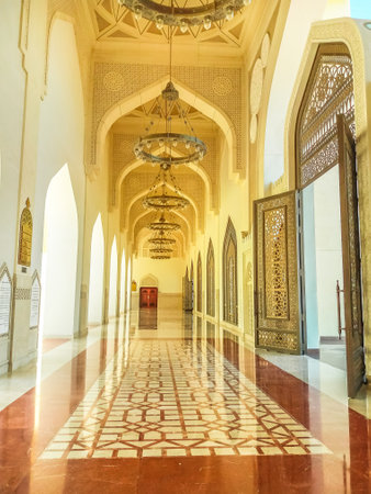 Doha, Qatar - February 21, 2019: inside of Imam Abdul Wahhab Mosque with decorated marble. State Qatar Grand Mosque in Middle East, Arabian Peninsula. The Grand Mosque is located in West Bay.のeditorial素材