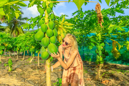 Happy woman touches coconuts plant at Union Estate at former coconut and vanilla plantation near Anse Source dArgent, La Digue, Seychelles. Concepts of outdoor life, contact with nature, healthy foodの写真素材