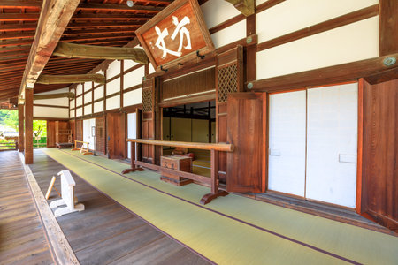 Kyoto, Japan - April 27, 2017: Tenryu-ji Temple, Arashiyama. The Japanese letters HO on large plaque of veranda surrounding the structure, mean Hojo. O-hojo serves as Tenryu-jis guest reception area.のeditorial素材