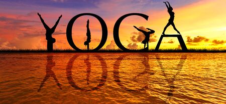 YOGA word on sunset sea with of young active women stretching in Yoga pose to keep fit and health. Healthy lifestyle, flexibility training, sport activity in summer holiday.の写真素材