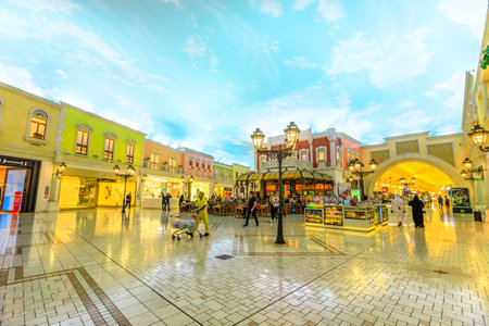 Doha, Qatar - February 21, 2019: interior of famous Villaggio Mall, a shopping center in Aspire Zone, Doha Sports City. Luxury shops with 200 stores, including many famous brands.のeditorial素材