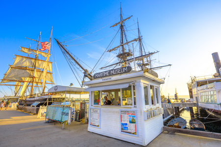 San Diego, California, USA - July 31, 2018: box office of historic Maritime Museum of San Diego in Navy Pier at sunset.のeditorial素材
