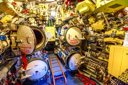 San Diego, Navy Pier, California, USA - August 1, 2018: Arsenal room with torpedoes of CCCP Soviet...