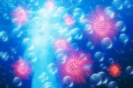 Microscopic view of Coronavirus cells in the fluids. Pathogen outbreak of virus cells in human...