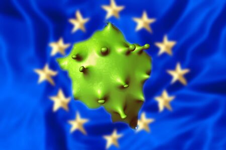Covid-19 outbreak or new Coronavirus, 2019-nCoV, virus cell tearing the Europe flag. Covid 19-NCP virus: contagion and propagation of a disease in European Union. Pandemic and viral epidemic.の写真素材