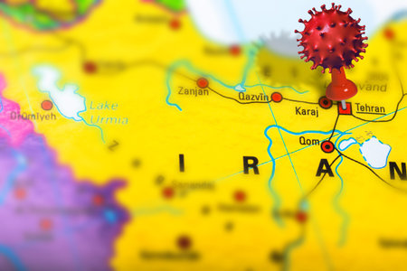 Covid-19 outbreak or new Coronavirus, 2019-nCoV, virus pin in Tehran on map of Iran. Covid 19-NCP...