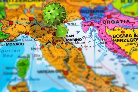Covid-19 outbreak or new Coronavirus, 2019-nCoV, virus pin in San Marino on map of Italy. Covid 19-NCP virus: contagion and propagation of disease in Italy. Pandemic and viral epidemic.の写真素材
