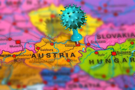 Covid-19 outbreak or new Coronavirus, 2019-nCoV, virus pin in Vienna city on map of Austria. Covid 19-NCP virus: contagion and propagation of disease in Austria. Pandemic and viral epidemic.の写真素材