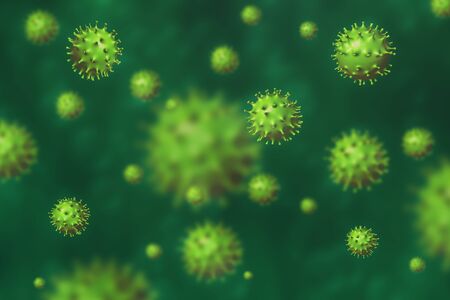 Green Coronavirus in fluids. Pathogen outbreak of COVID 19 in Microscopic view. Dangerous pandemic pneumonia disease. Medical concept of a viral infection. 3D illustration background.の写真素材