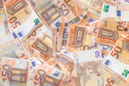 Fifty Euro banknotes background of Euro currency in Europe. Financial colorful background. Concept...