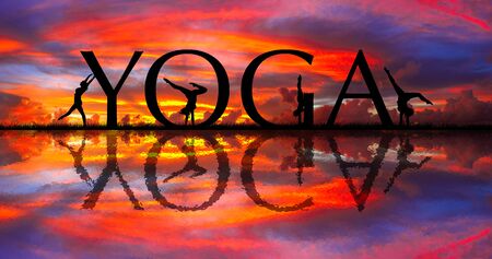 YOGA background with healthy girls doing Yoga poses in silhouette on sea with sunset sky. Fitness and healthy lifestyle, flexibility training, sport activity.の写真素材