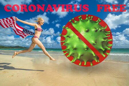 Happy woman jumping with American Flag on United States beach. New freedom after coronavirus lockdown for Covid-19 epidemic. Tropical sea after coronavirus quarantine. American holidays in pandemic.の写真素材