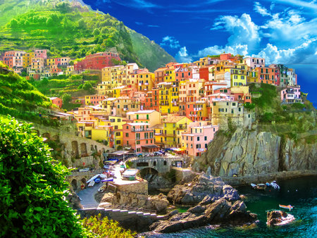Aerial View of scenic Manarola colorful village of Cinque Terre National Park, Unesco Heritage. Liguria region of Italy, Europe.の写真素材