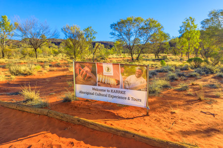 Kings Creek Station, Northern Territory, Australia - Aug 21, 2019: signboard of the Karrke Aboriginal Cultural Experience tour near Kings Canyon on Luritja Highway.のeditorial素材