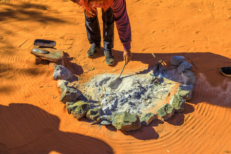Kings Creek, Australia - Aug 21, 2019: stone and bush plants used during the smoking ceremony among Indigenous Australians. Plants are burned to produce smoke which is believed to cleansing propertiesのeditorial素材