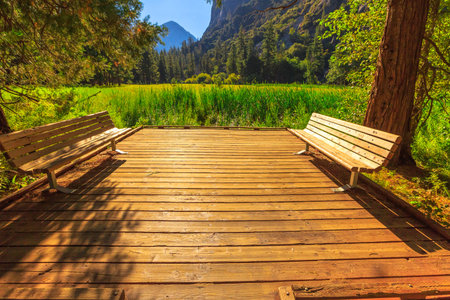 benches of the resting area of Zumwalt Meadows hiking in Kings Canyon National Park, a large...