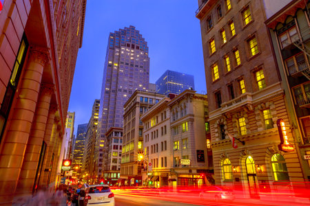 San Francisco, California, United States - August 15, 2019: San Francisco downtown by night. Light...