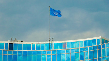 Geneva, Switzerland - Aug 16, 2020: UN flag on the building of the World Intellectual Property Organization, WIPO. A specialized agency of the United Nations located in Geneva.のeditorial素材