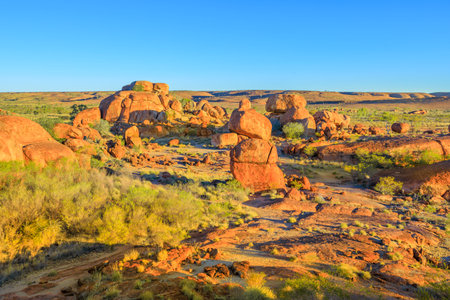 Panoramic aerial view of giant granite boulders at Karlu Karlu or Devils Marbles in Northern Territory, Australia near Tennant Creekの写真素材