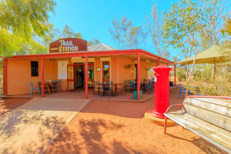 Alice Springs, Northern Territory, Australia - Aug 14, 2019: Alice Springs telegraph station with red mailbox of post office. Historic landmark in Alice Springs, Northern Territory, Central Australia.のeditorial素材