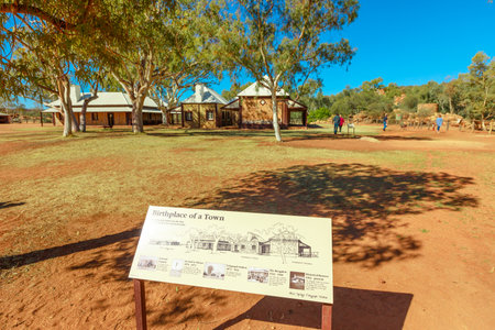 Alice Springs, Northern Territory, Australia - Aug 14, 2019: information signboard of telegraph station in Alice Springs city. Historic landmark in Alice Springs, Northern Territory, Central Australiaのeditorial素材