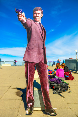 Piz Gloria, Schilthorn, Murren, Switzerland - Aug 19, 2020: George Lazenby actor 3D poster from the...