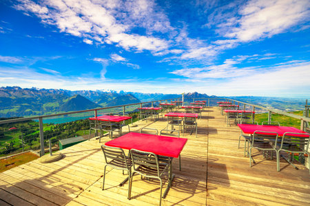 Rigi kulm, Switzerland - Aug 25, 2020:panoramic terrace of Rigi Kulm Hotel on top of Mt Rigi, 1800m, overlooking Lucerne and Lakes. Summit top of queen of mountains with 360 views of valleys and peaksのeditorial素材