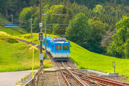 Rigi kulm, Switzerland - Aug 25, 2020: a sightseeing blue train travels on cogwheel railway through green grassy meadows on Mt. Rigi.のeditorial素材