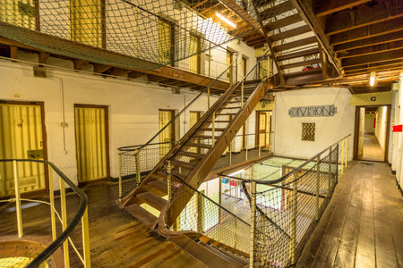 Fremantle, Western Australia, Australia - Jan 5, 2018: division 2 and internal stairs inside Fremantle Prison an old convicts jail built 1855, memorial museum and a UNESCO World Heritage Center.のeditorial素材
