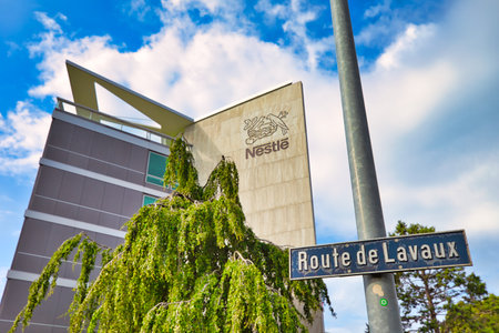 Vevey, Switzerland - August 14, 2020: Nestle Headquarter and Logo in Route de Lavaux. Nestle is largest multinational company in food sector in the world.のeditorial素材