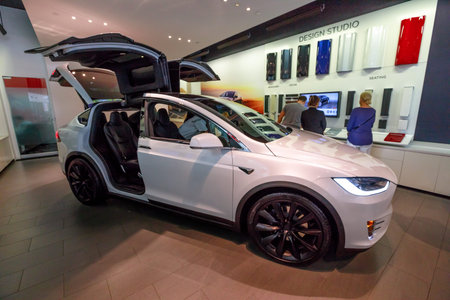 Los Angeles, California, United States of America - August 21, 2018: : rear view of white Tesla...
