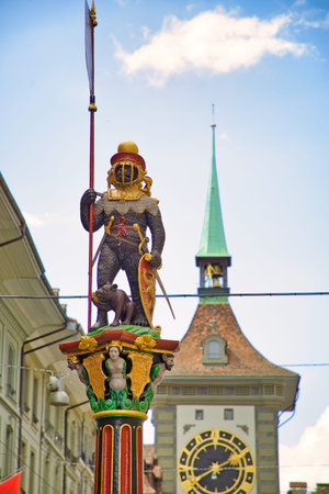 Bern, Switzerland - Aug 23, 2020: Zahringen Fountain or Zahringerbrunnen bear statue of Bern....