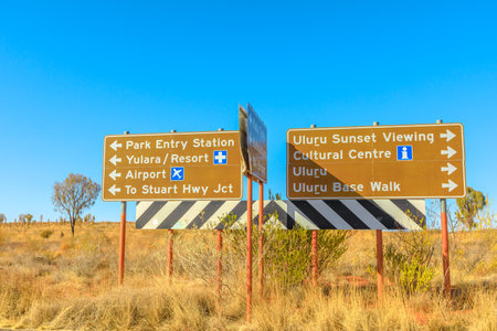 Uluru, Northern Territory, Australia - Aug 25, 2019: Uluru-kata Tjuta National Park direction: Yulara, Ayers Rock Resort, Stuart Highway, Airport, Cultural Center, Uluru sunset viewing, Uluru Base Walkのeditorial素材