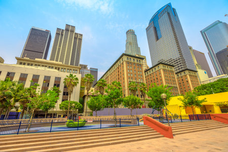 Los Angeles, California, United States - August 9, 2018: skyscrapers skyline and colorful Pershing Square, urban public park in Los Angeles Downtown, Southern California. Urban cityscape.のeditorial素材