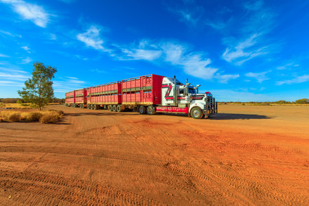 Marla, South Australia, Australia - August 29, 2019: Kenworth road-train truck of Hayson Haulage of...