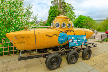 Loch Ness, Scotland, United Kingdom - May 24, 2015: yellow submarine at Loch Ness exhibition centre. Used to seek the lake monster of Loch Ness.のeditorial素材