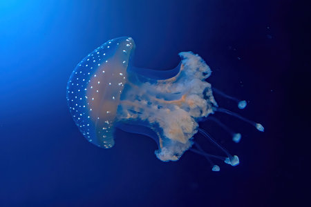 Australian spotted Jellyfish in fish tank floating in the water. Phyllorhiza punctata species living...