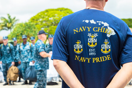 Honolulu, Hawaii, United States - August 2016: Navy Chief of the U.S. Navy USS Missouri CPO Legacy Academy in Battleship Missouri Memorial. Chief Petty Officer leadership training in Pearl Harbor.のeditorial素材