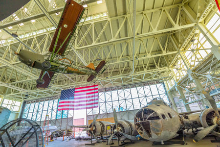 Honolulu, Hawaii, United States - August 2016: hangar Pearl Harbor Museum with Boeing B-17E Flying...