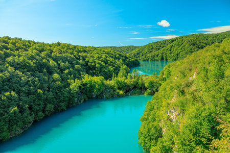 viewpoint of Plitvice Lakes National Park in Croatia. Natural forest park with lakes and falls in Lika region. Kozjak and Milanovac lakes overlook.の写真素材