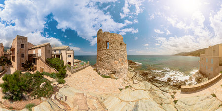 Aerial panorama of the tower of Erbalunga town city harbor in Corsica island of France. Aerial view...